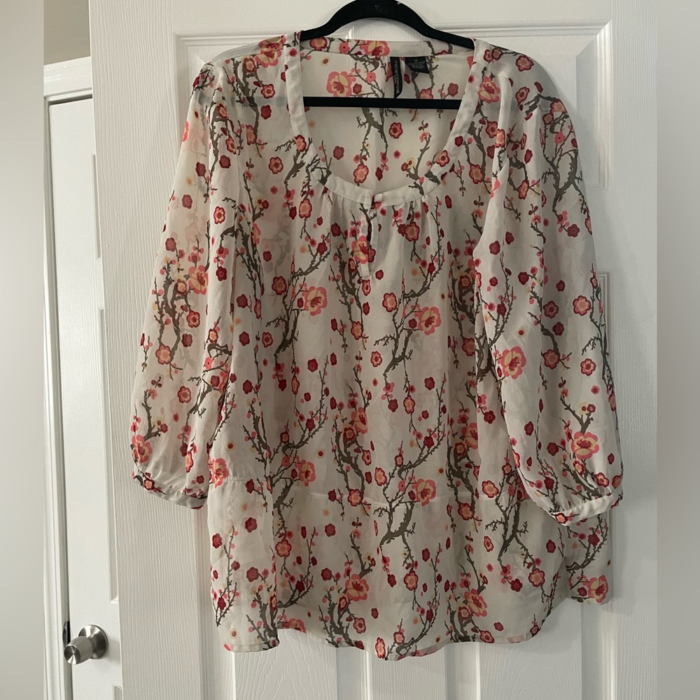 White Sheer Floral Peasant Blouse with Pink Blossoms